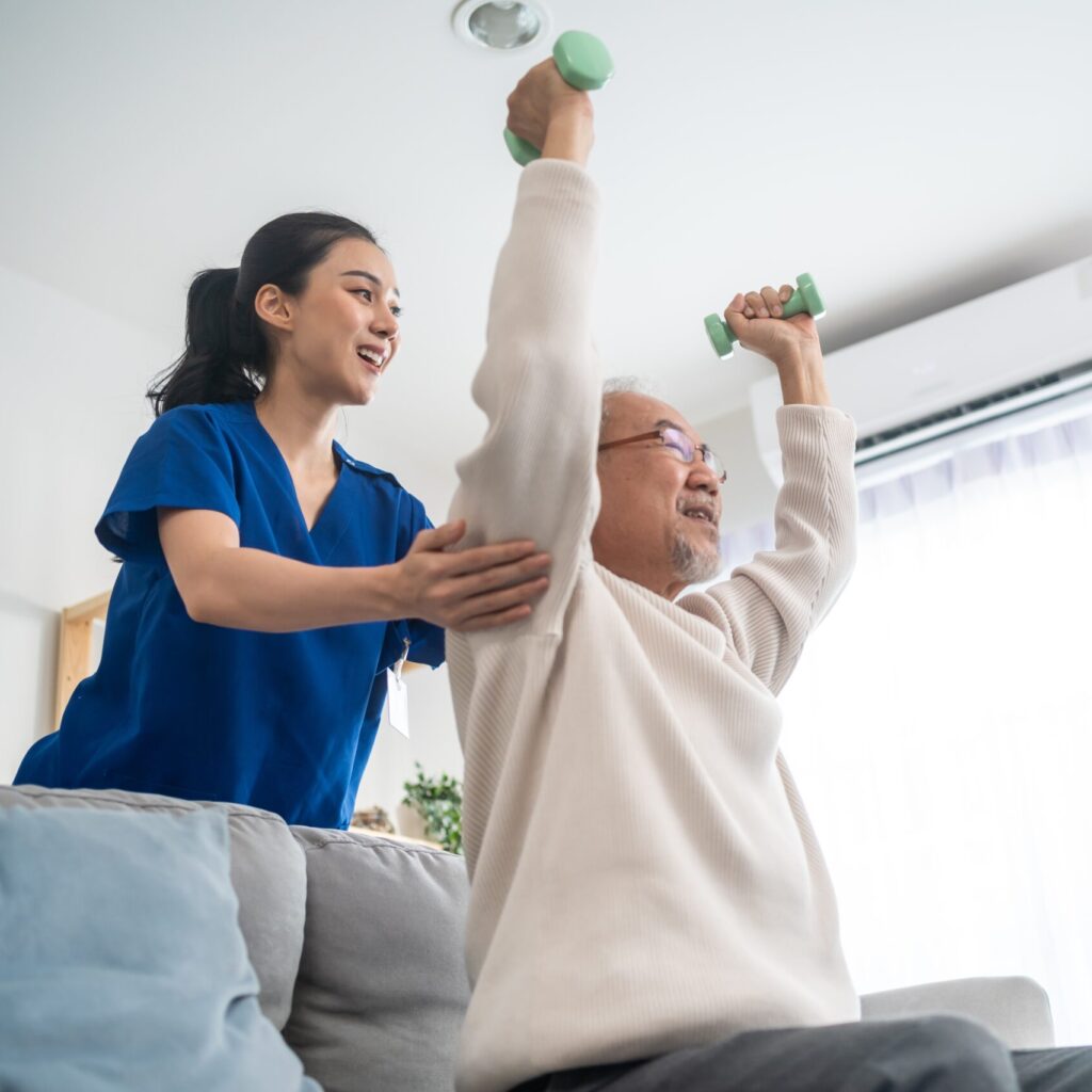 Asian,Older,Aged,Man,Doing,Physiotherapist,With,Support,From,Nurse.